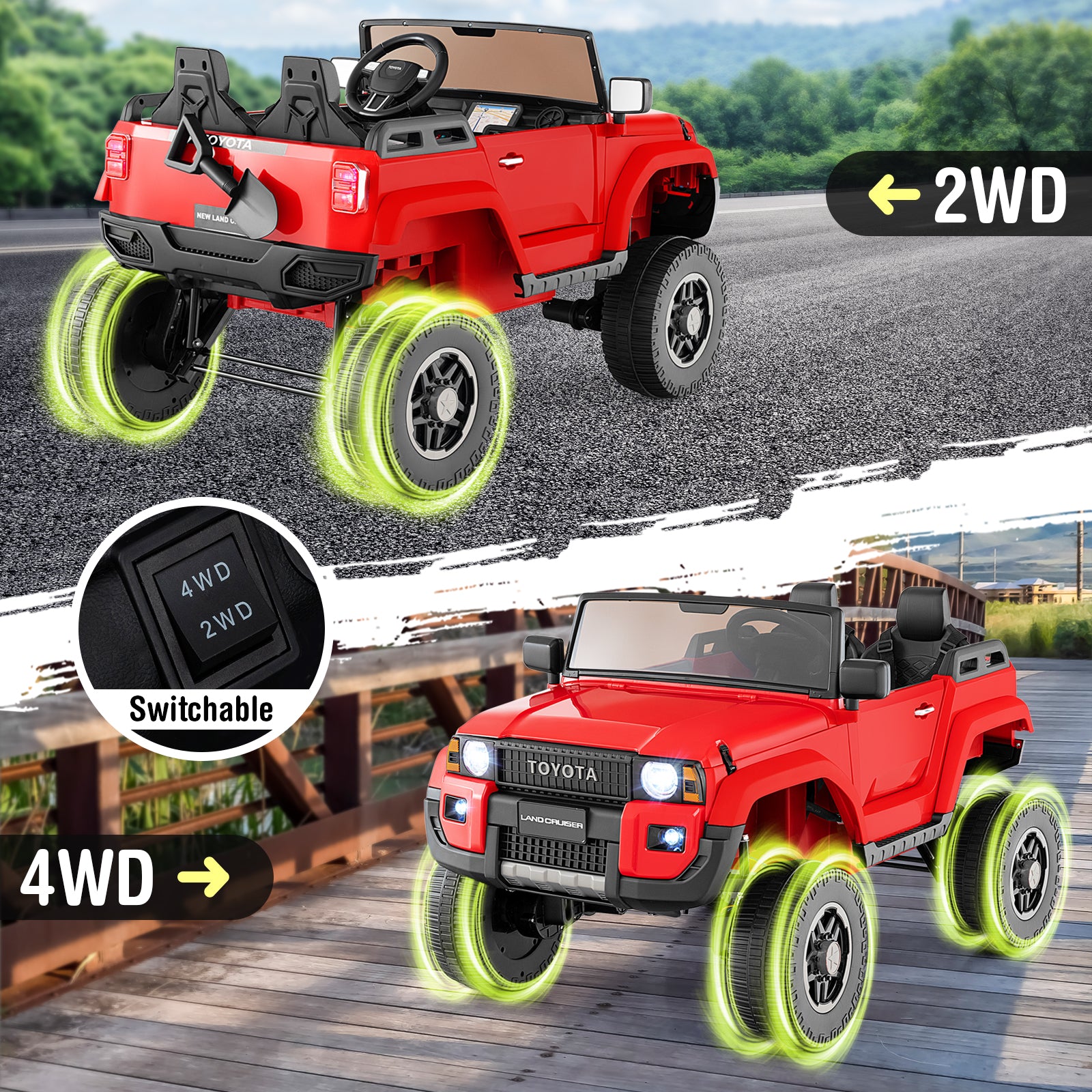 Red toy truck with 4WD and 2WD options on a road and wooden bridge background.