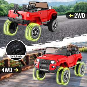 Red toy truck with 4WD and 2WD options on a road and wooden bridge background.