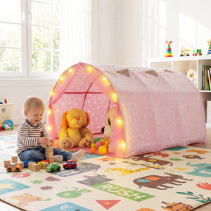 Child playing with a pink play tent in a room with toys and a rug.