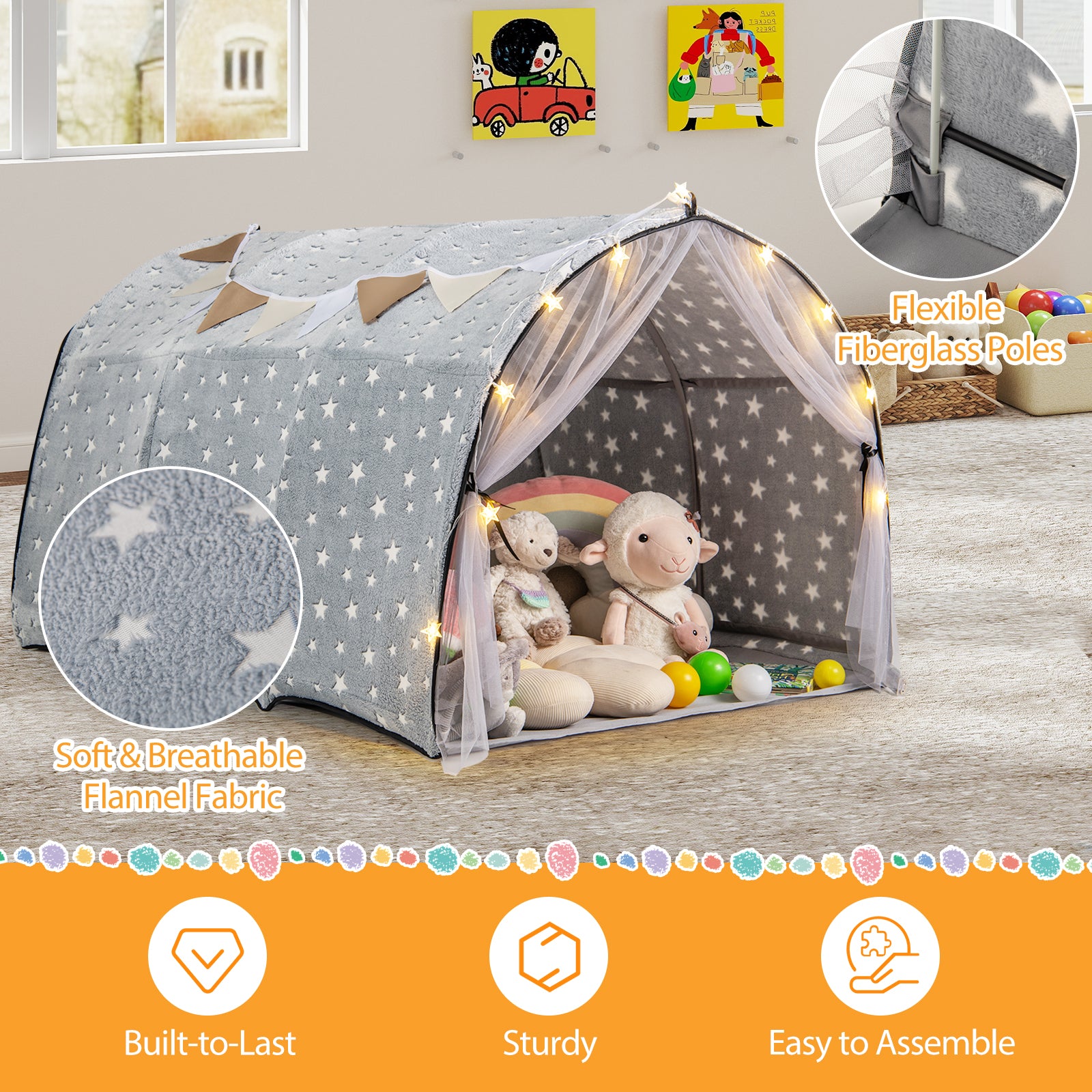 Children's play tent with star pattern, plush toys, and fairy lights on a wooden floor.