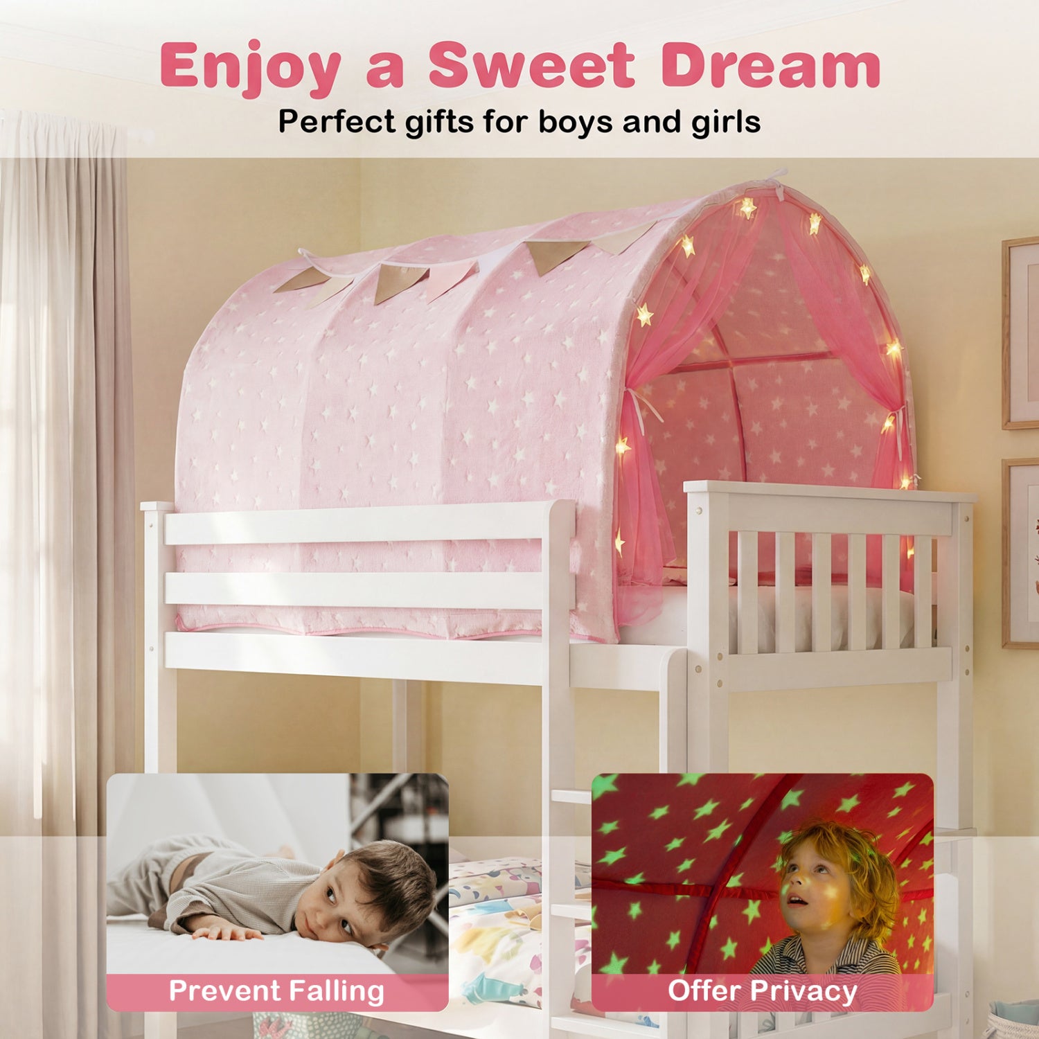 Pink bed tent with star lights on a white bunk bed in a room setting, with text 'Enjoy a Sweet Dream' and 'Perfect gifts for boys and girls'.