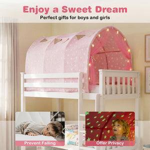 Pink bed tent with star lights on a white bunk bed in a room setting, with text 'Enjoy a Sweet Dream' and 'Perfect gifts for boys and girls'.