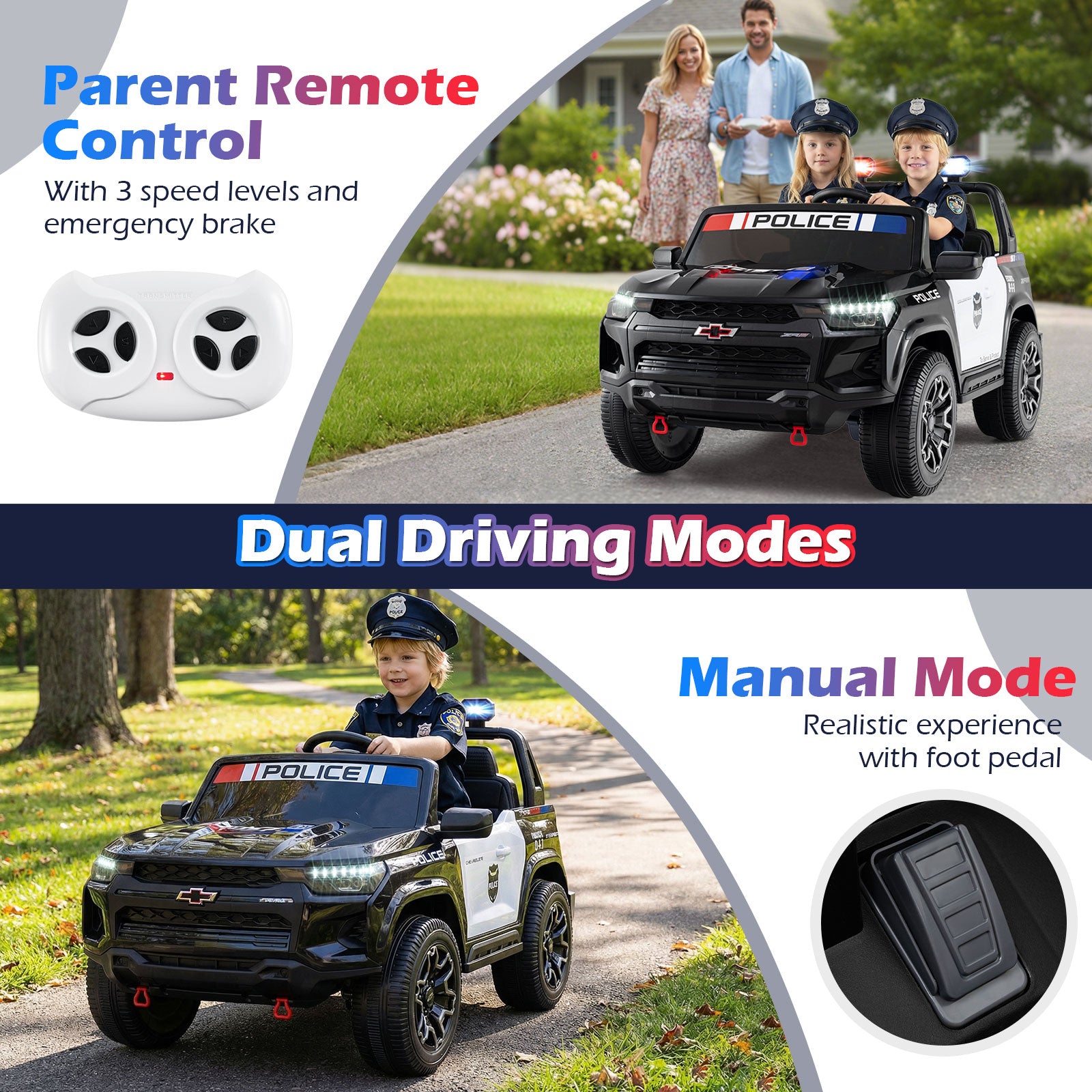 Children's police car with remote control and dual driving modes on a road.