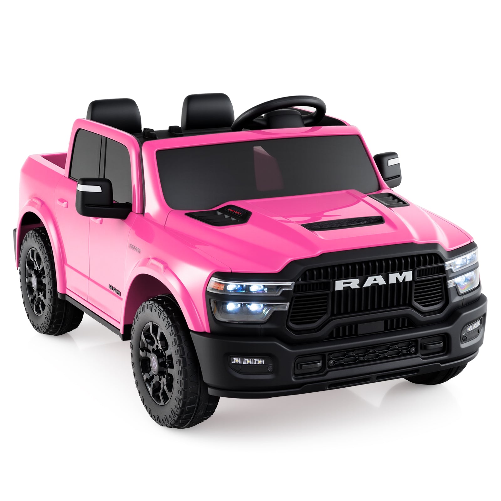 Pink toy truck with black details on a white background