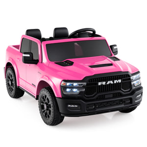 Pink toy truck with black details on a white background