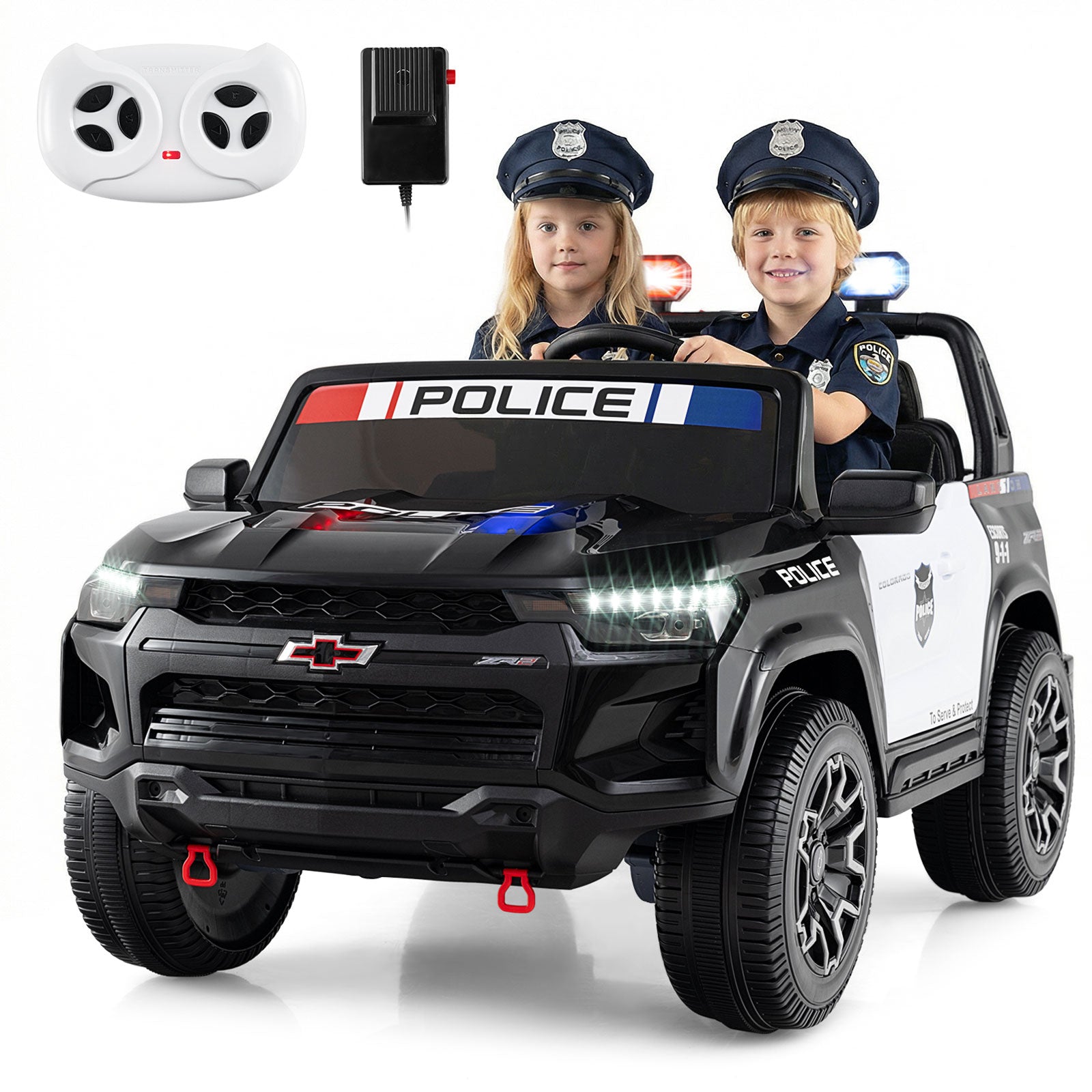 Side profile of 2 seater police ride on car
