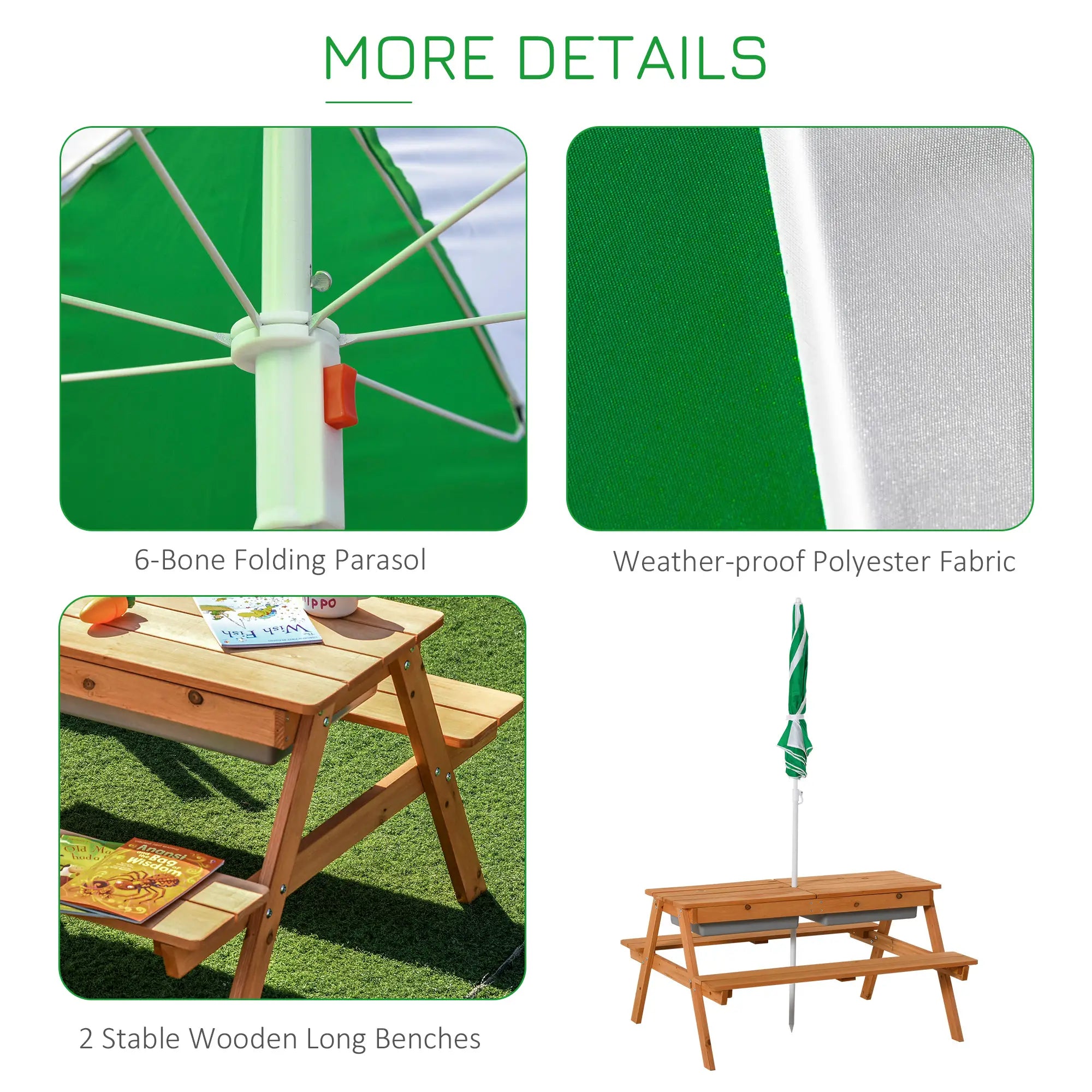 Product details of a 6-Bone Folding Parasol with weather-proof fabric, shown with a wooden picnic table and benches.