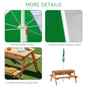 Product details of a 6-Bone Folding Parasol with weather-proof fabric, shown with a wooden picnic table and benches.