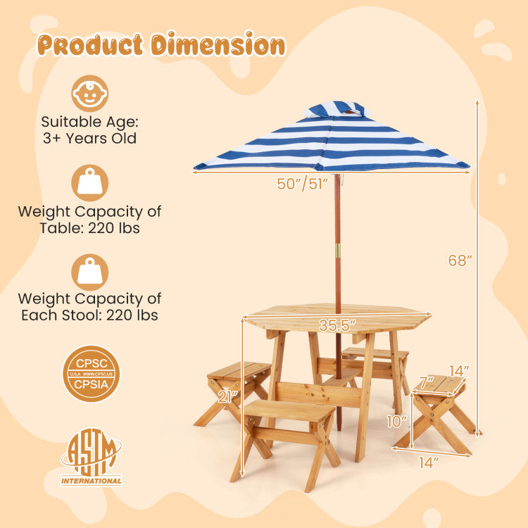 Wooden play table and chairs set with a striped umbrella, featuring product dimensions and safety certifications on a beige background.