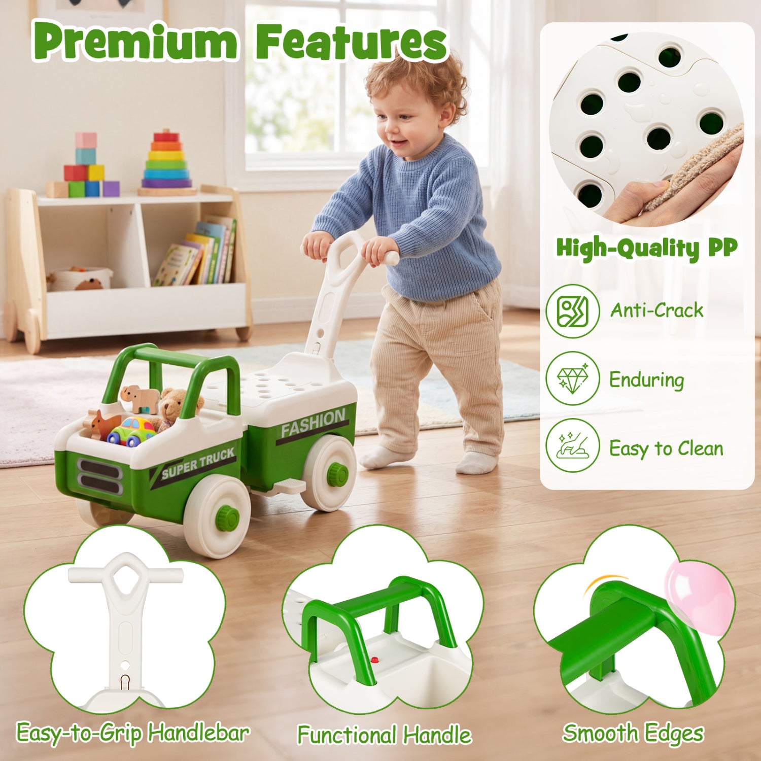 Child playing with a toy truck in a room with educational toys, and features of the toy truck displayed.
