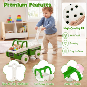 Child playing with a toy truck in a room with educational toys, and features of the toy truck displayed.