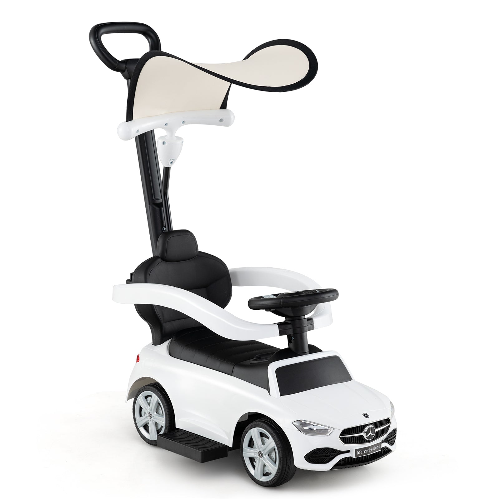 White toy car with black accents on a white background