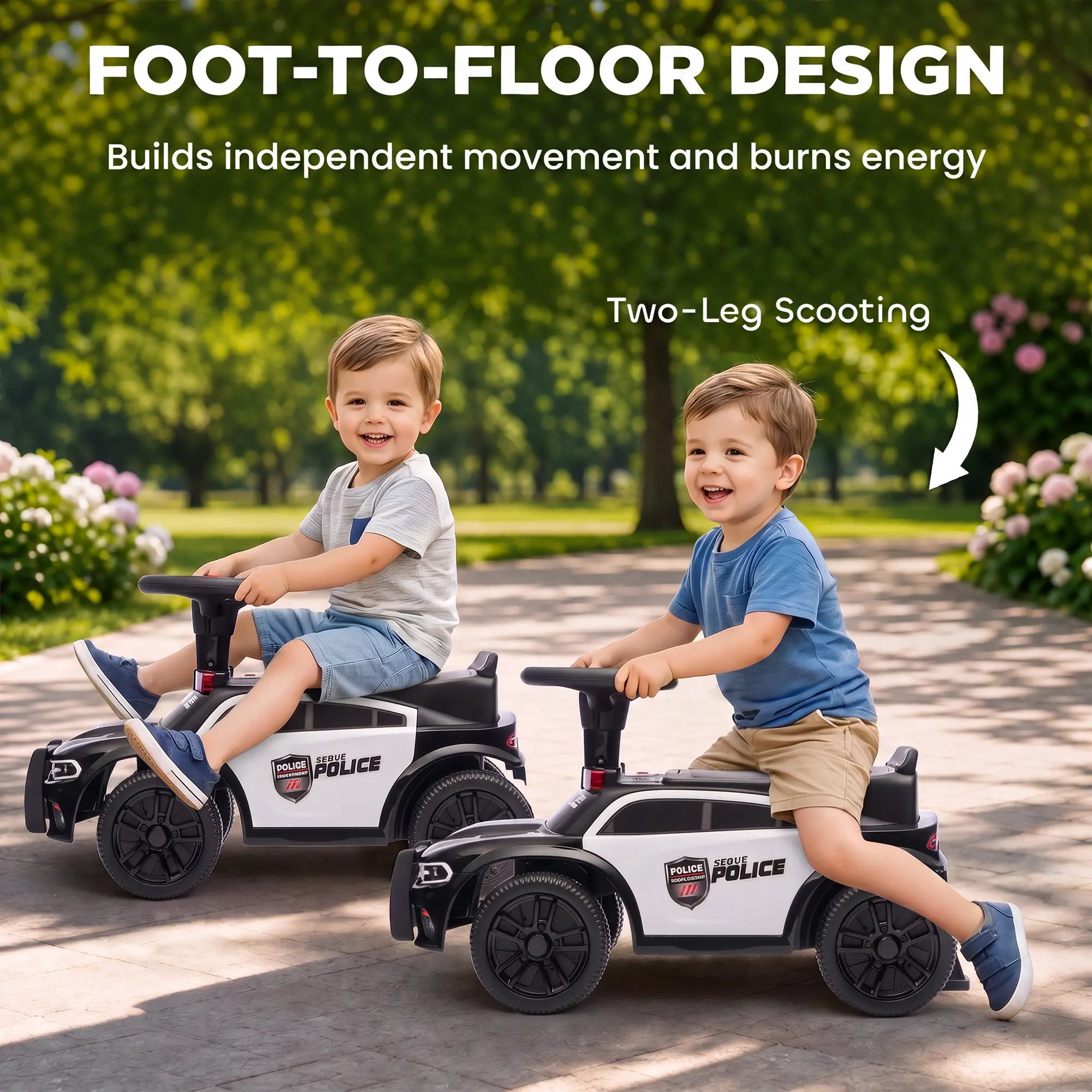 Two young children riding toy police car ride-on strollers outdoors on a paved path, with text reading 'FOOT-TO-FLOOR DESIGN' and 'Two-Leg Scooting' in a green park setting.