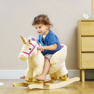 Child sitting on a rocking unicorn toy in a room with wooden furniture.