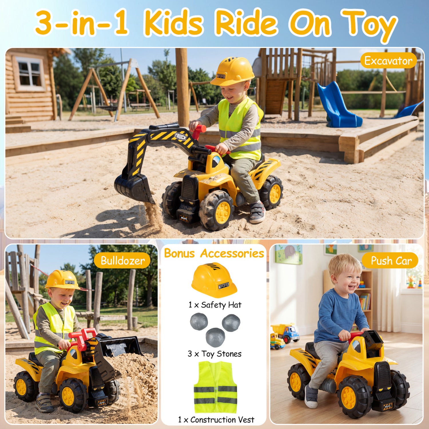 Children playing with a 3-in-1 kids ride-on toy in an outdoor playground setting.