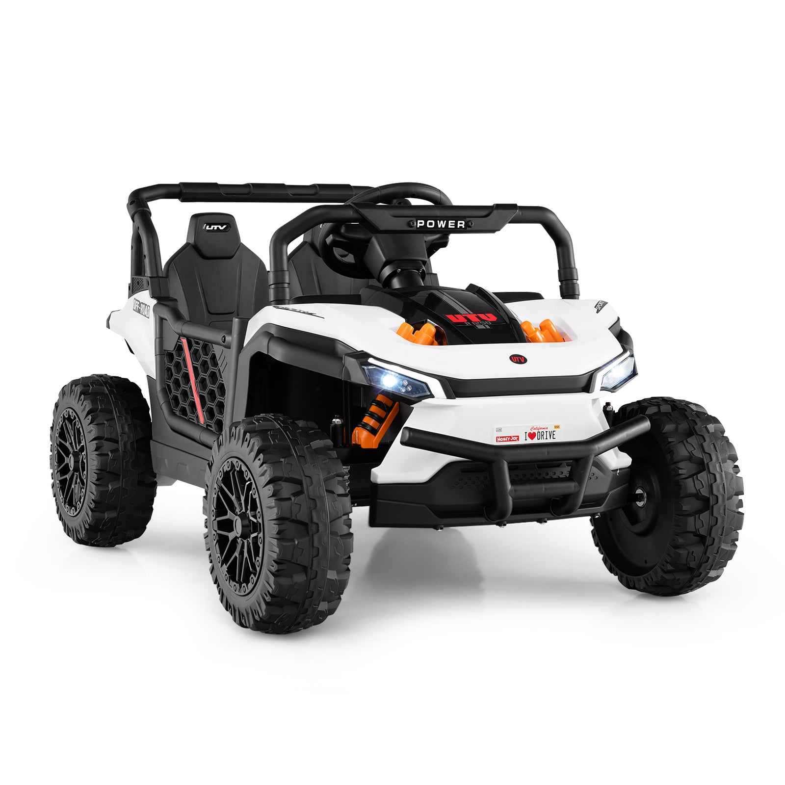 White off-road toy vehicle with black accents on a white background