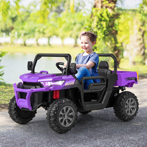 Child sitting in a purple toy off-road vehicle outdoors.