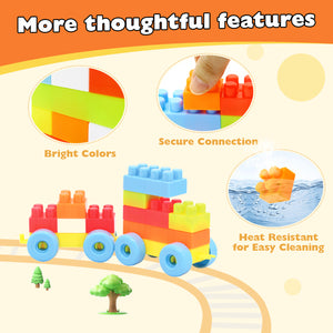 Building block set with wheel pieces for creating toy vehicles