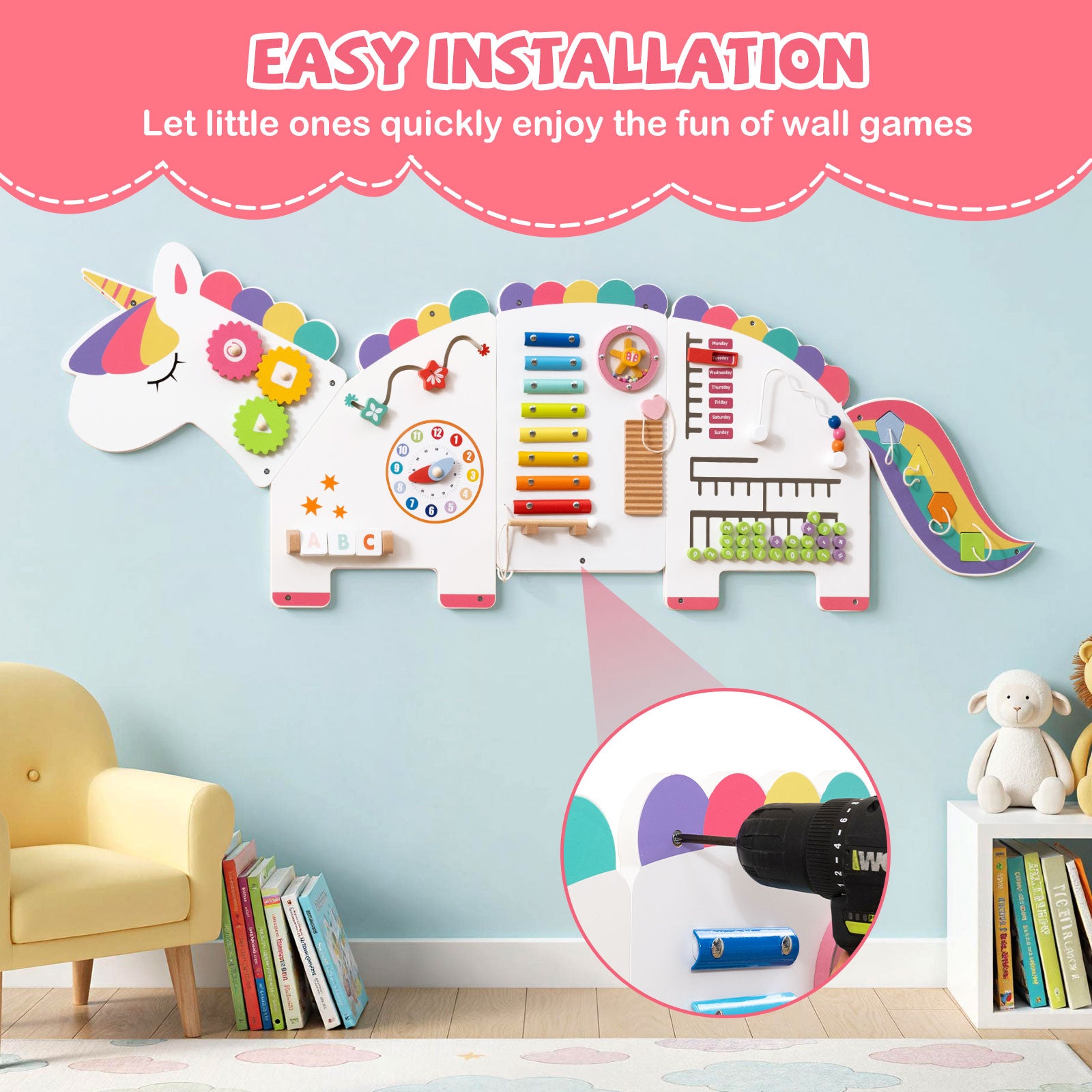 Wall-mounted busy board designed to save space and encourage learning