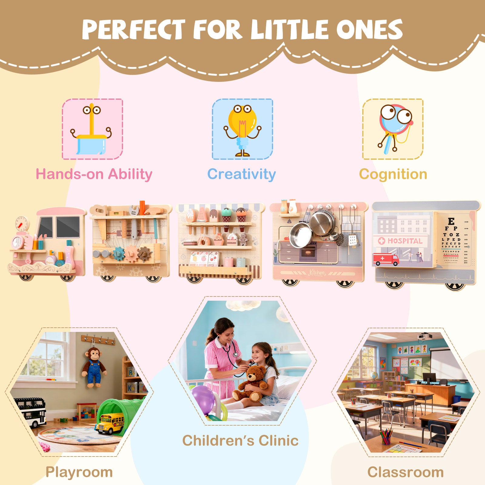 Space-saving wall mounted learning center for playrooms and classrooms