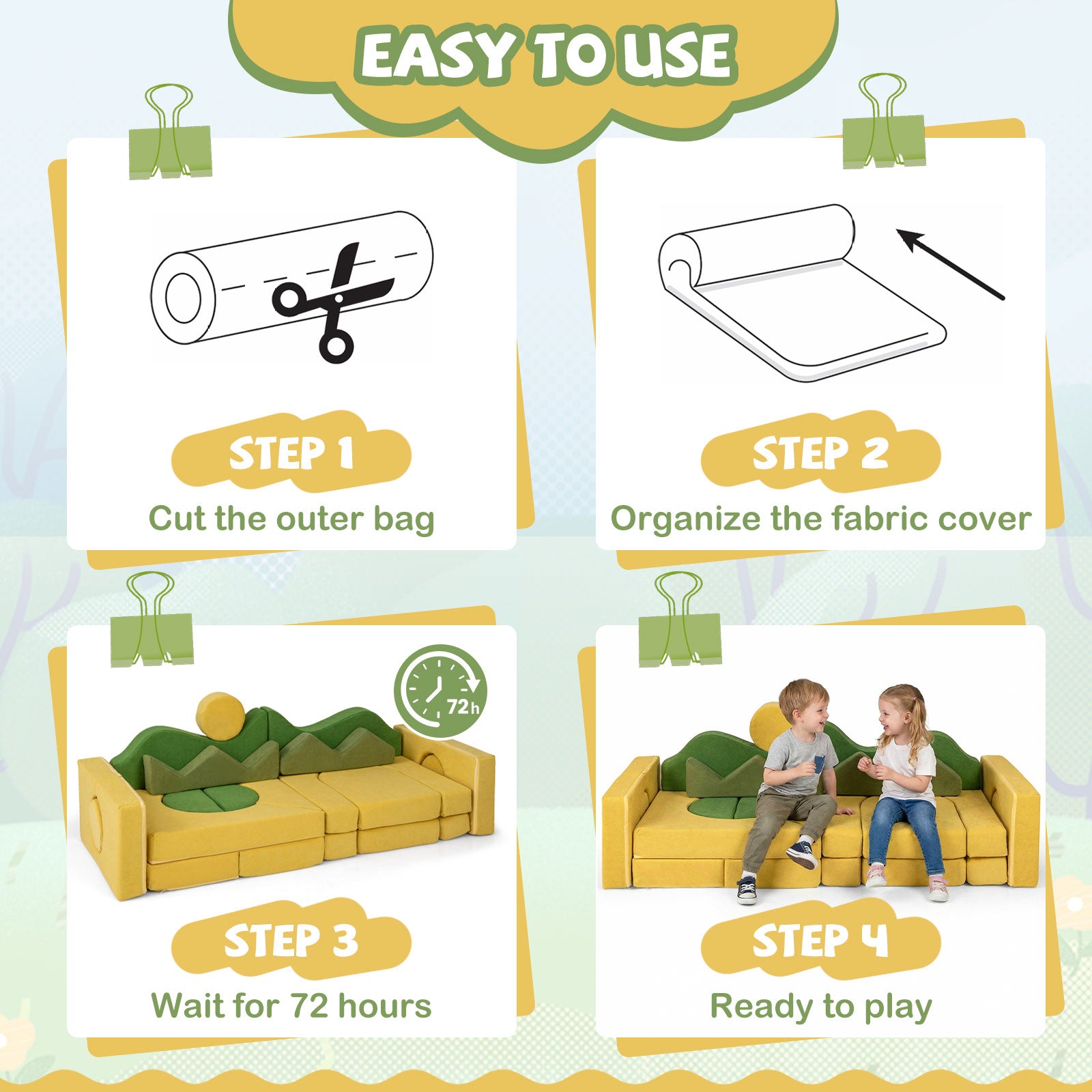 Step-by-step guide on how to use a fabric cover for a yellow couch with illustrations and text.