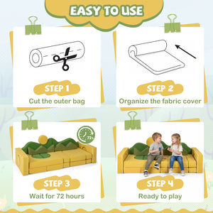 Step-by-step guide on how to use a fabric cover for a yellow couch with illustrations and text.