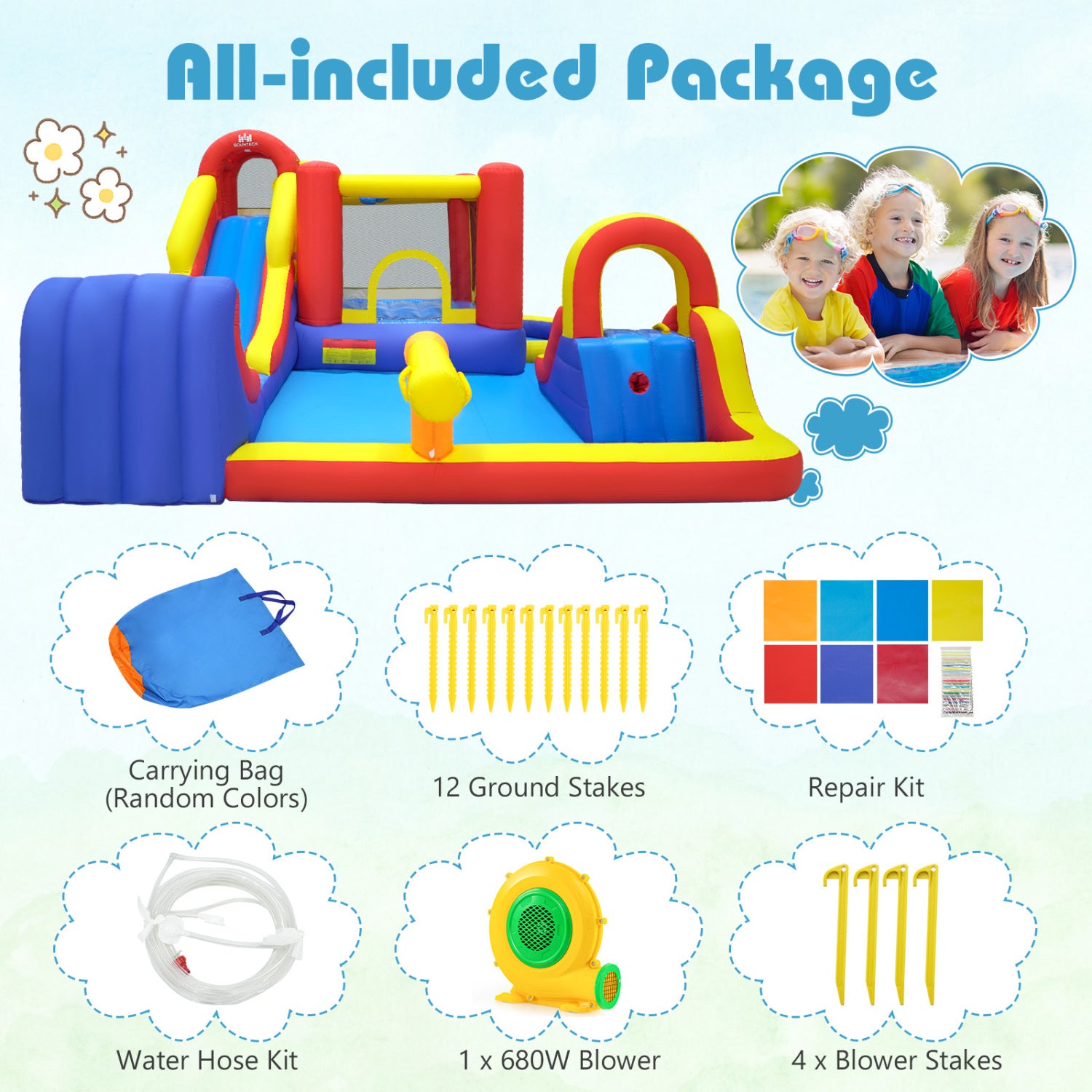 Children's inflatable play structure with accessories and included items listed on a white background.