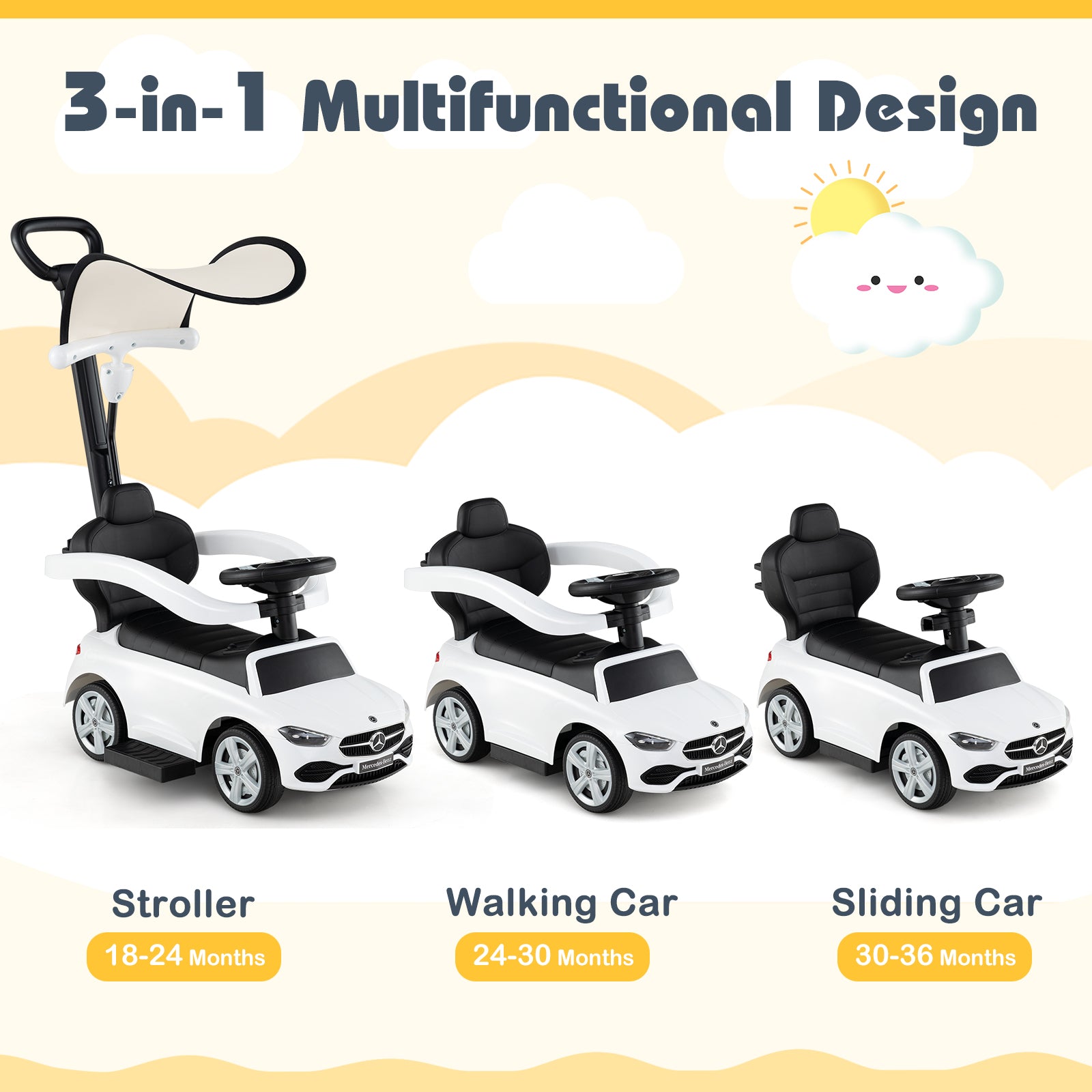Three stages of a 3-in-1 multifunctional children's vehicle with stroller, walking car, and sliding car features on a beach background.