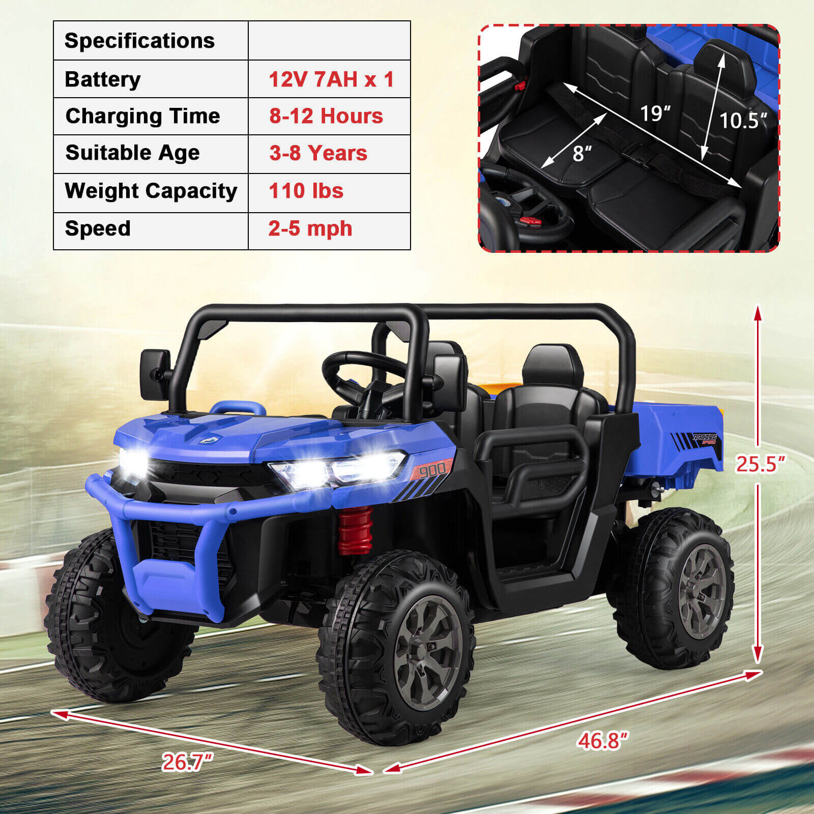 Children's blue and black off-road vehicle with specifications on a beige background