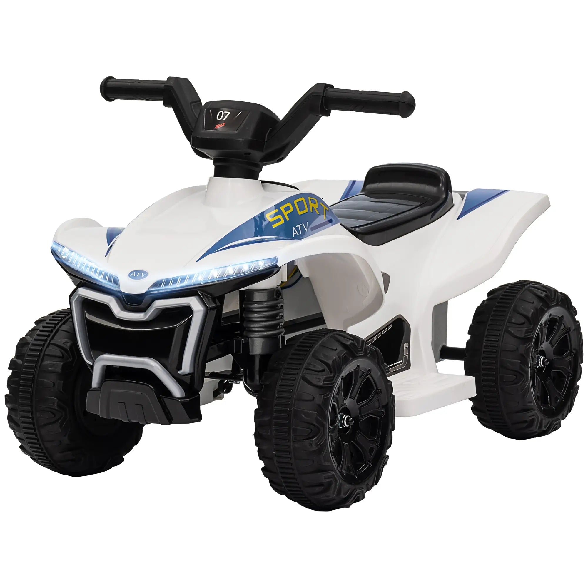 White battery-powered ATV for kids aged 18 to 36 months with forward and reverse driving options