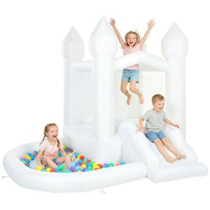 White 3-in-1 inflatable bounce house with slide and ball pit for kids
