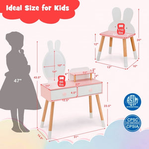 Children's vanity table with mirror and stool, showing dimensions and safety certifications.