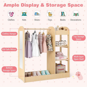 White kids dress-up closet with storage bins and hanger space