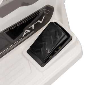 White kids electric ATV featuring easy forward and reverse switch for beginner riders