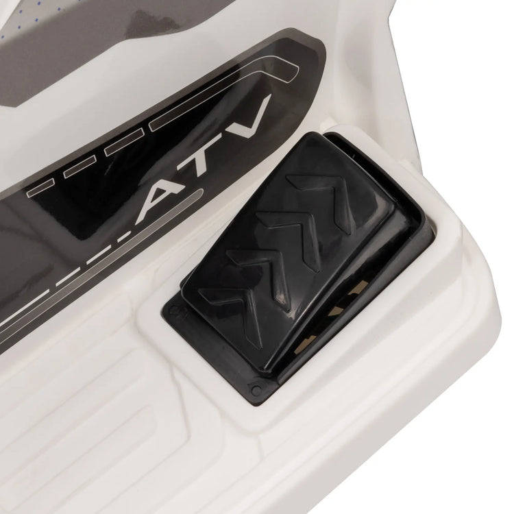 White kids electric ATV featuring easy forward and reverse switch for beginner riders