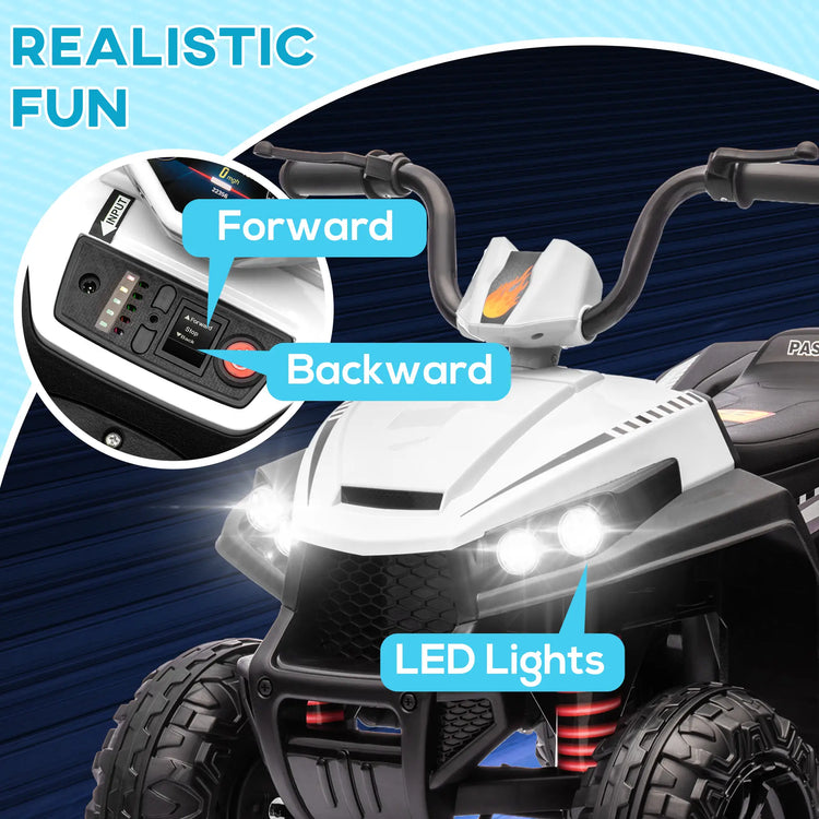 White kids electric ATV with comfortable wide seat and front LED headlights