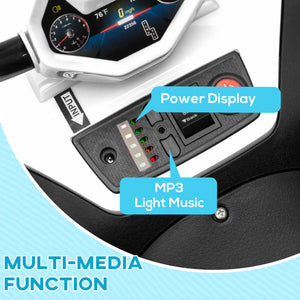 White ride-on ATV for kids suitable for indoor and outdoor terrain