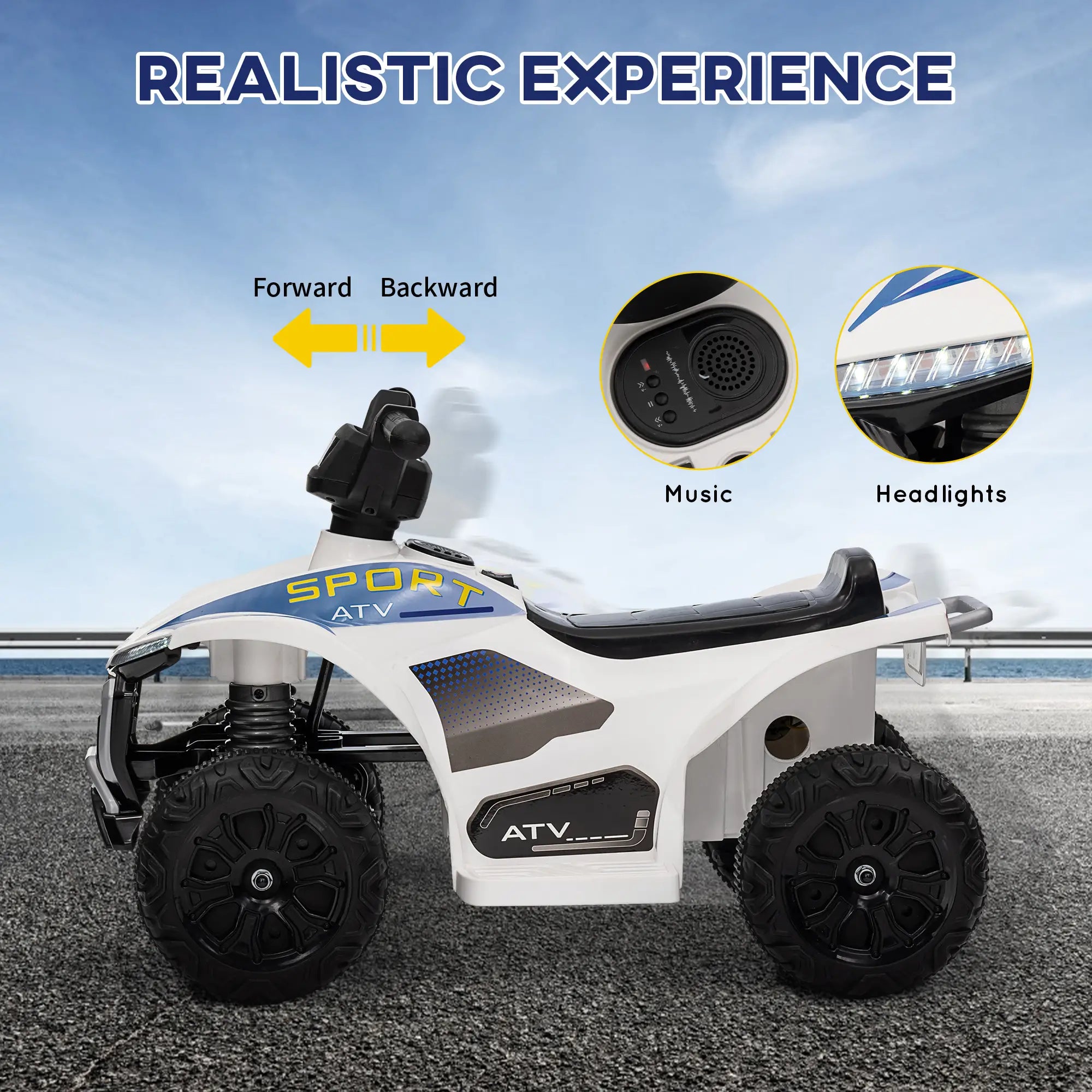 White ride-on ATV for toddlers offering 60 minutes of continuous playtime on a full charge