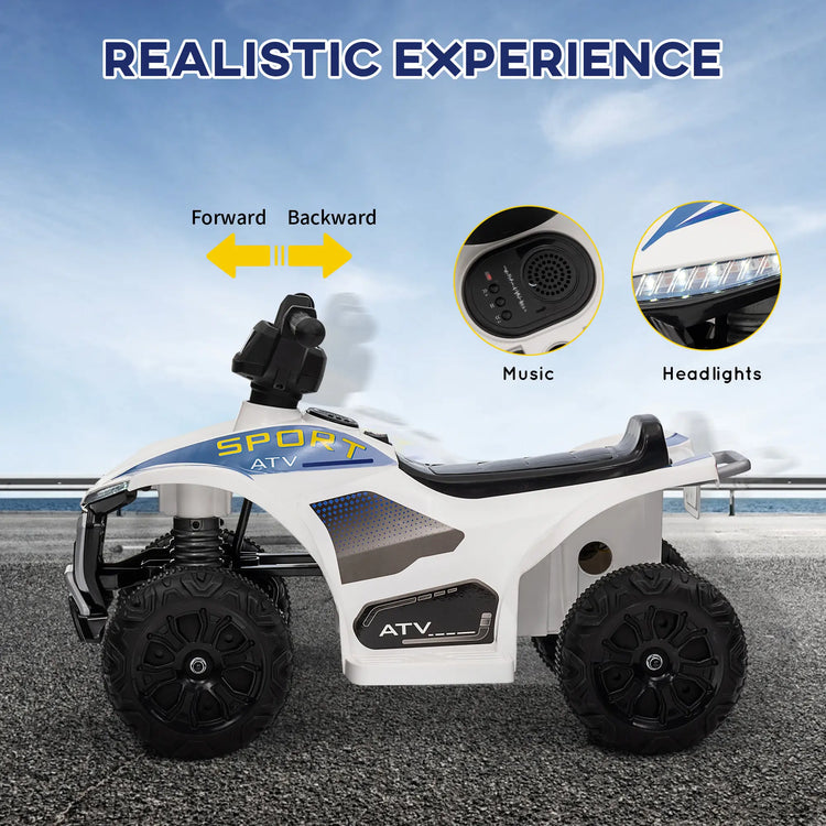 White ride-on ATV for toddlers offering 60 minutes of continuous playtime on a full charge