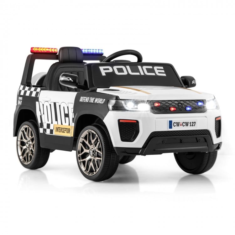Front view of 12V kids ride-on police car with LED headlights