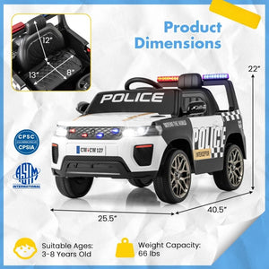 12V white ride-on police car for kids driving outdoors