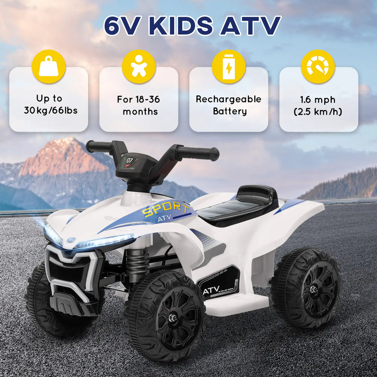 White toddler electric ATV with four wear-resistant wheels for smooth rides on various surfaces
