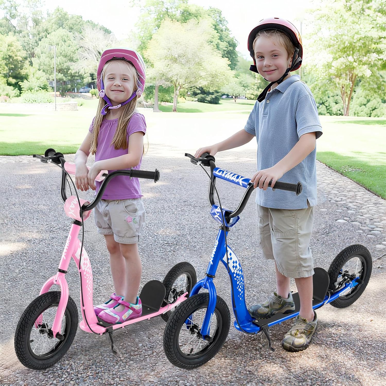 Two children on scooter bikes in a park