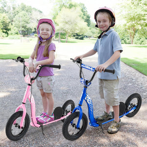 Two children on scooter bikes in a park