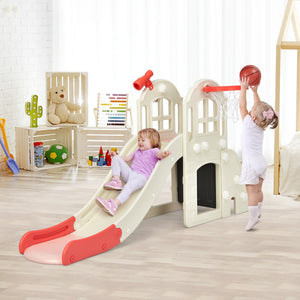 Children playing on a plastic slide and playset in a room with toys and furniture.