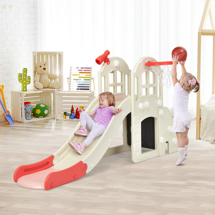Children playing on a plastic slide and playset in a room with toys and furniture.