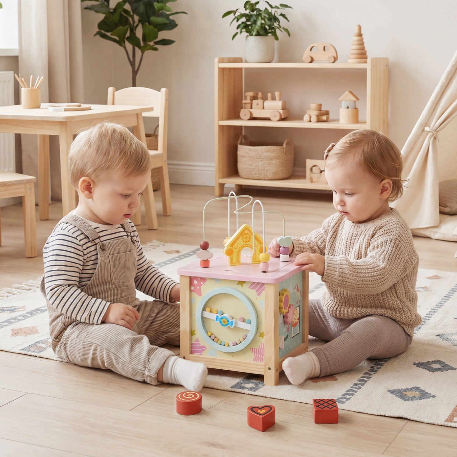 Wooden Montessori activity cube with multiple sensory learning games for toddlers