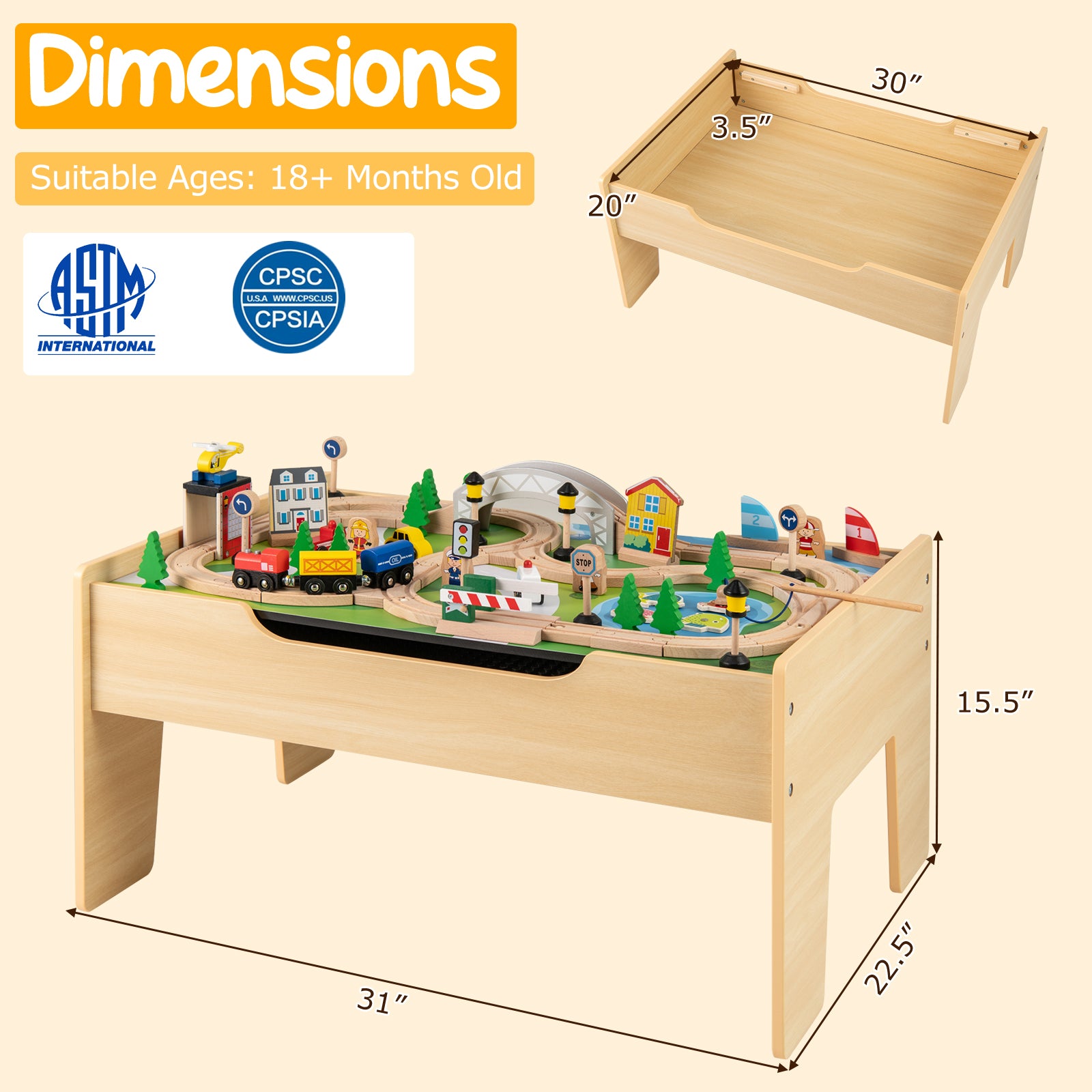 Wooden activity table with reversible chalkboard and illustrated map board