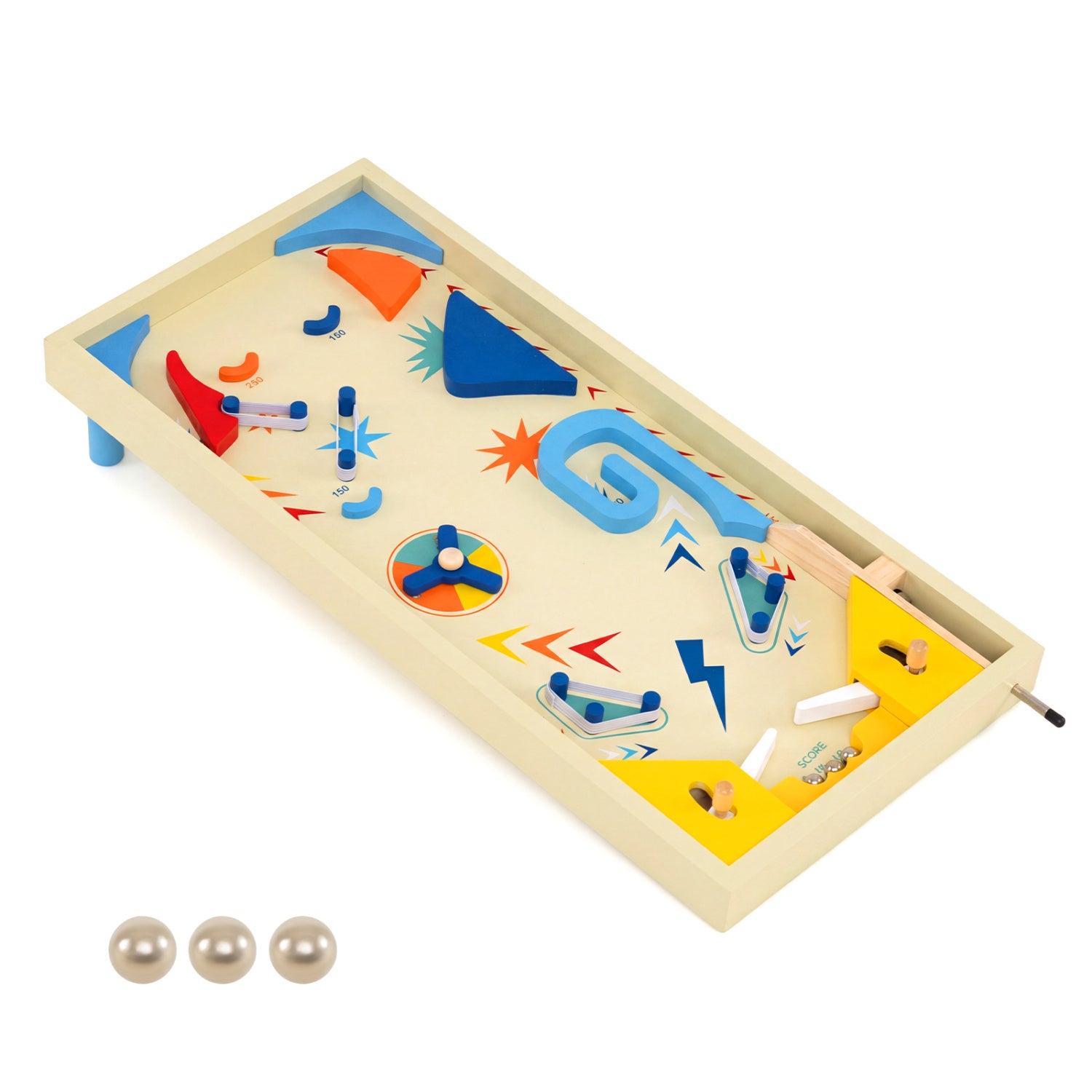 Wooden arcade pinball machine with mechanical gameplay