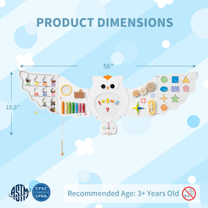 Wooden owl busy board with rotating gears and sliding activities